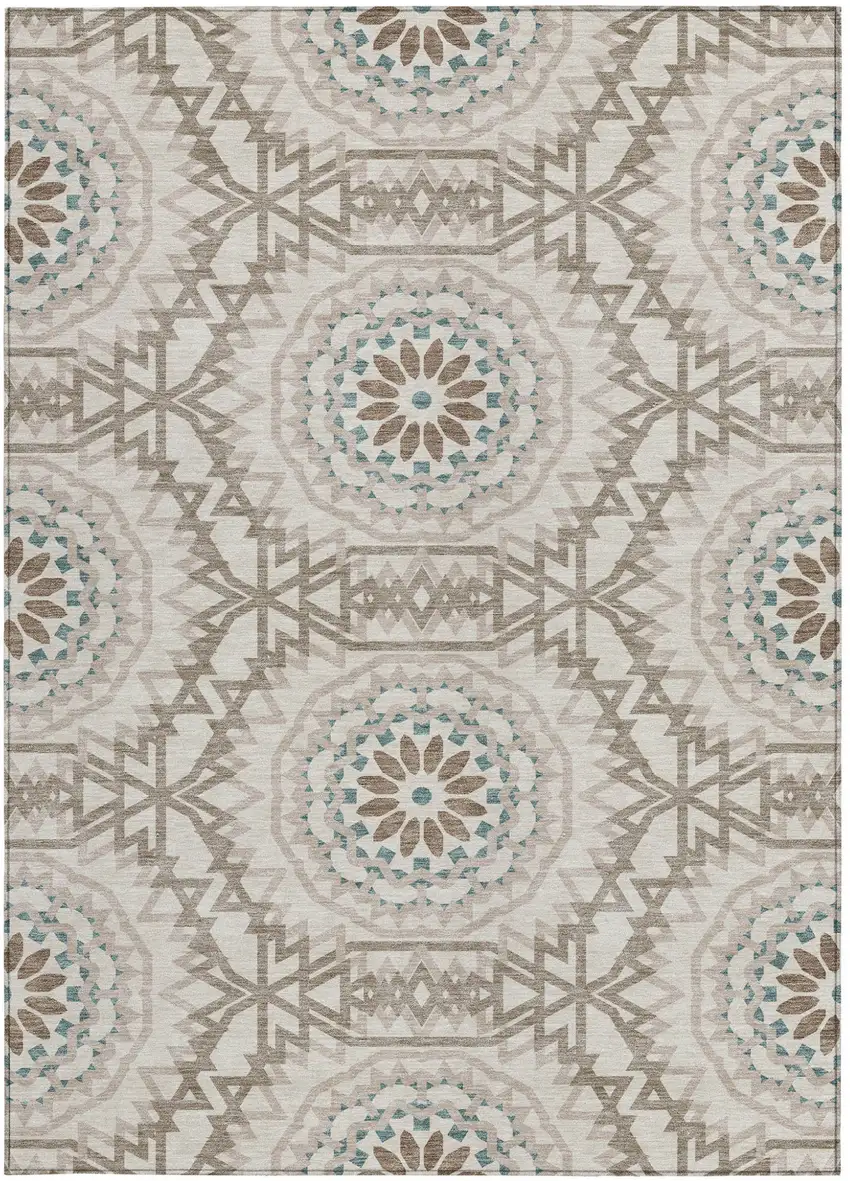 Beige Brown And Teal Blue Floral Medallion Washable Indoor Outdoor Area Rug Photo 6