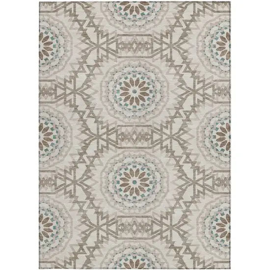Beige Brown And Teal Blue Floral Medallion Washable Indoor Outdoor Area Rug Photo 6