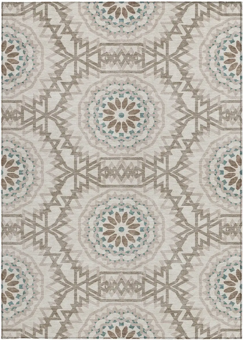 Beige Brown And Teal Blue Floral Medallion Washable Indoor Outdoor Area Rug Photo 6