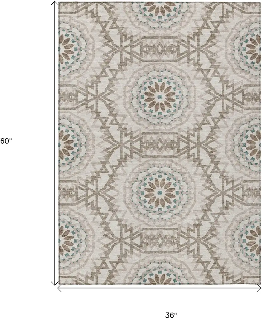 Beige Brown And Teal Blue Floral Medallion Washable Indoor Outdoor Area Rug Photo 3