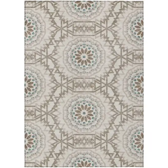 Beige Brown And Teal Blue Floral Medallion Washable Indoor Outdoor Area Rug Photo 2