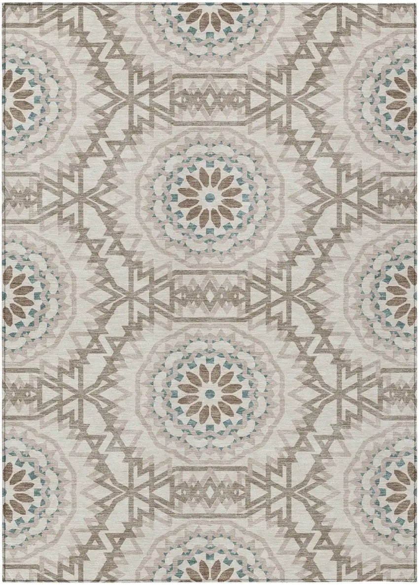 Beige Brown And Teal Blue Floral Medallion Washable Indoor Outdoor Area Rug Photo 2