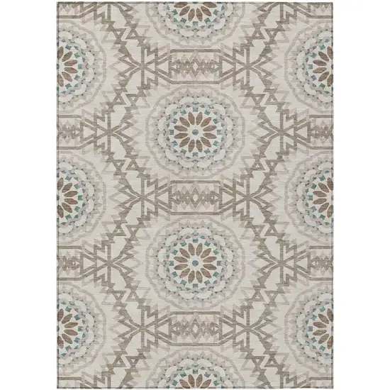 Beige Brown And Teal Blue Floral Medallion Washable Indoor Outdoor Area Rug Photo 2