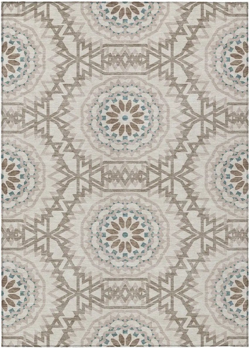 Beige Brown And Teal Blue Floral Medallion Washable Indoor Outdoor Area Rug Photo 2