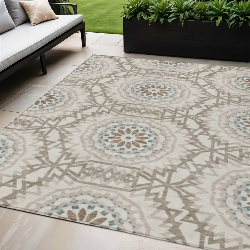 Beige Brown And Teal Blue Floral Medallion Washable Indoor Outdoor Area Rug Photo 1