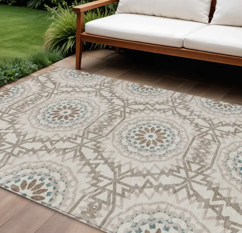 Beige Brown And Teal Blue Floral Medallion Washable Indoor Outdoor Area Rug Photo 1