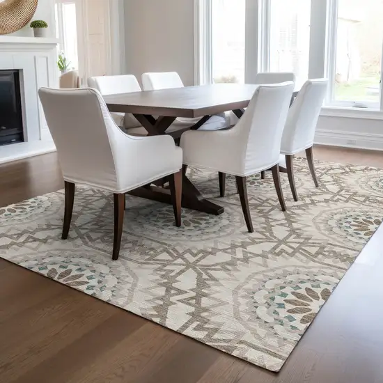 Beige Brown And Teal Blue Floral Medallion Washable Indoor Outdoor Area Rug Photo 8