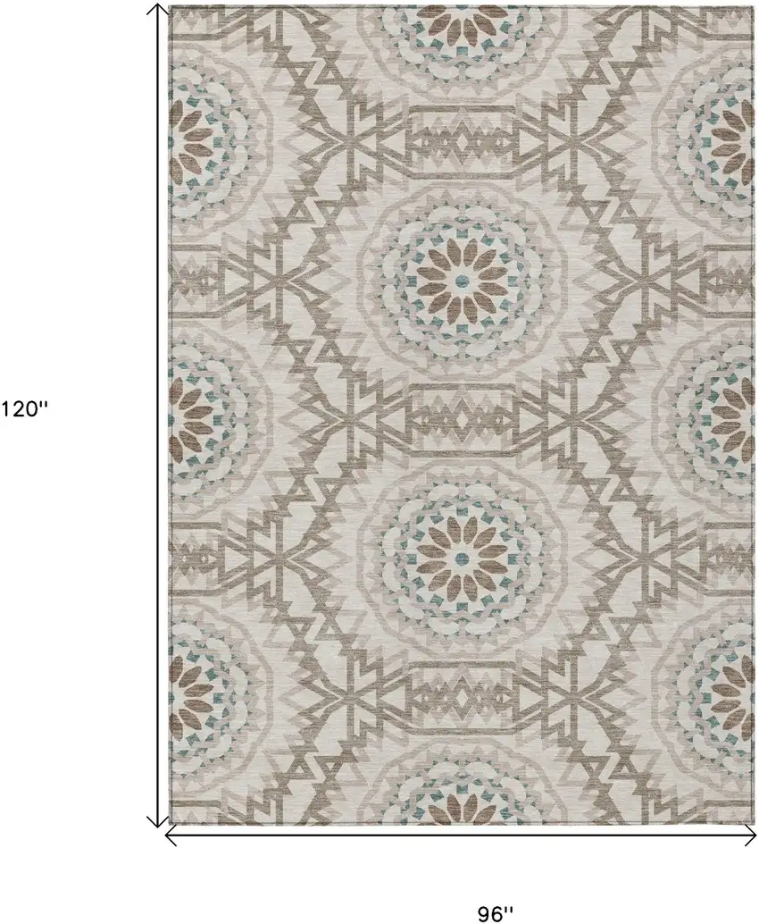Beige Brown And Teal Blue Floral Medallion Washable Indoor Outdoor Area Rug Photo 3