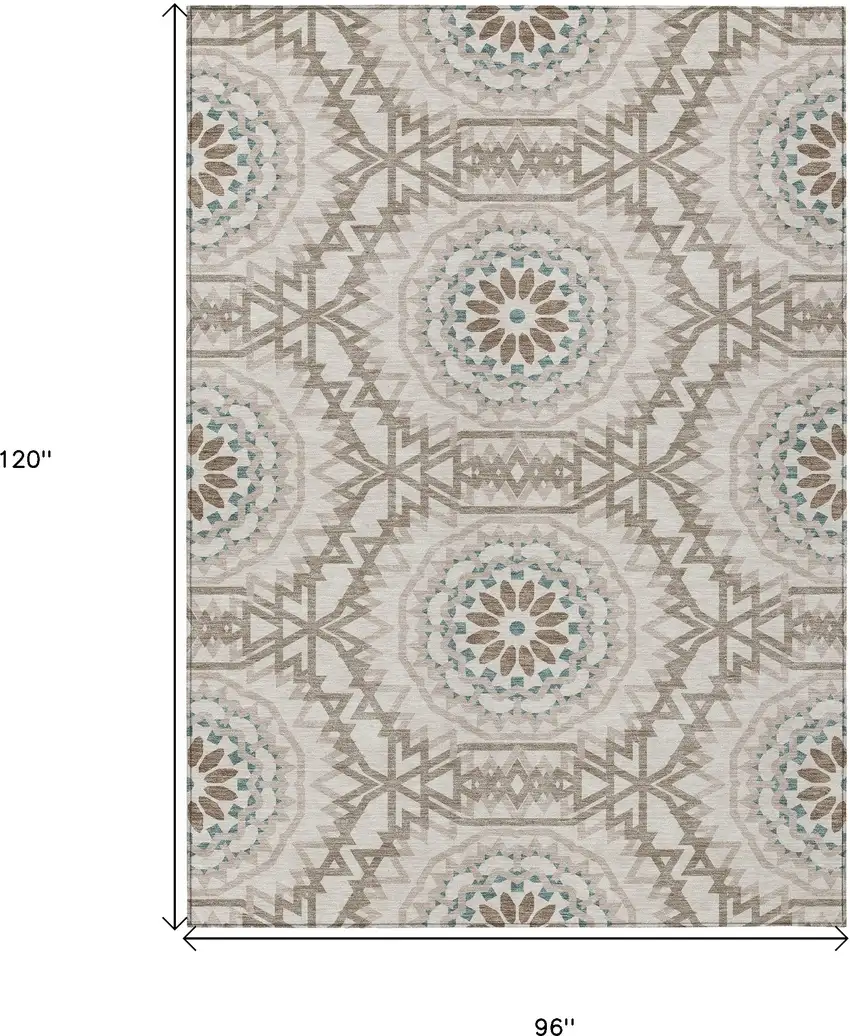 Beige Brown And Teal Blue Floral Medallion Washable Indoor Outdoor Area Rug Photo 3