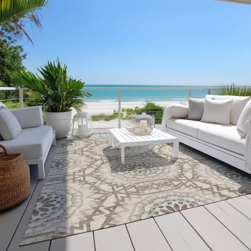 Beige Brown And Teal Blue Floral Medallion Washable Indoor Outdoor Area Rug Photo 9