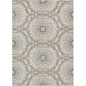 Photo of Beige Brown And Teal Blue Floral Medallion Washable Indoor Outdoor Area Rug