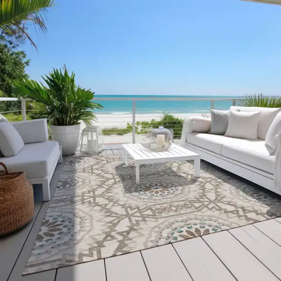 Beige Brown And Teal Blue Floral Medallion Washable Indoor Outdoor Area Rug Photo 9