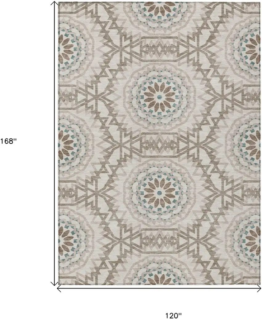 Beige Brown And Teal Blue Floral Medallion Washable Indoor Outdoor Area Rug Photo 3