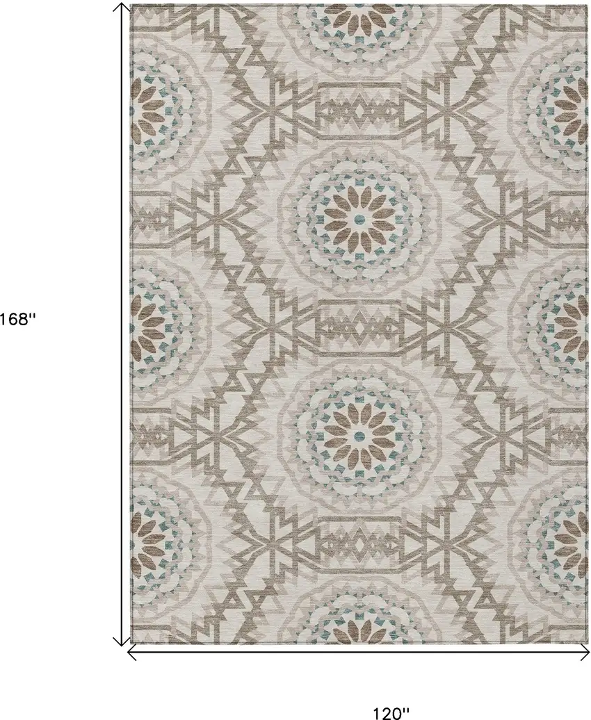 Beige Brown And Teal Blue Floral Medallion Washable Indoor Outdoor Area Rug Photo 3