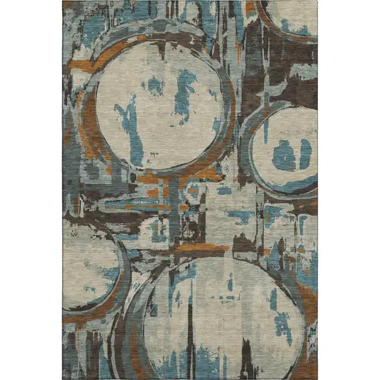 Beige Brown And Teal Geometric Washable Area Rug With UV Protection Photo 1