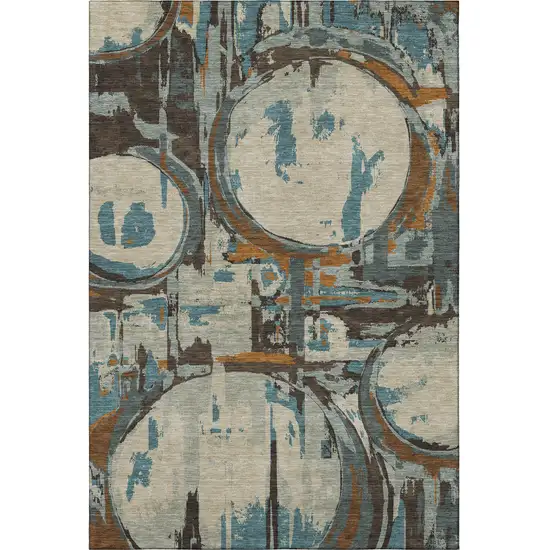 Beige Brown And Teal Geometric Washable Area Rug With UV Protection Photo 4