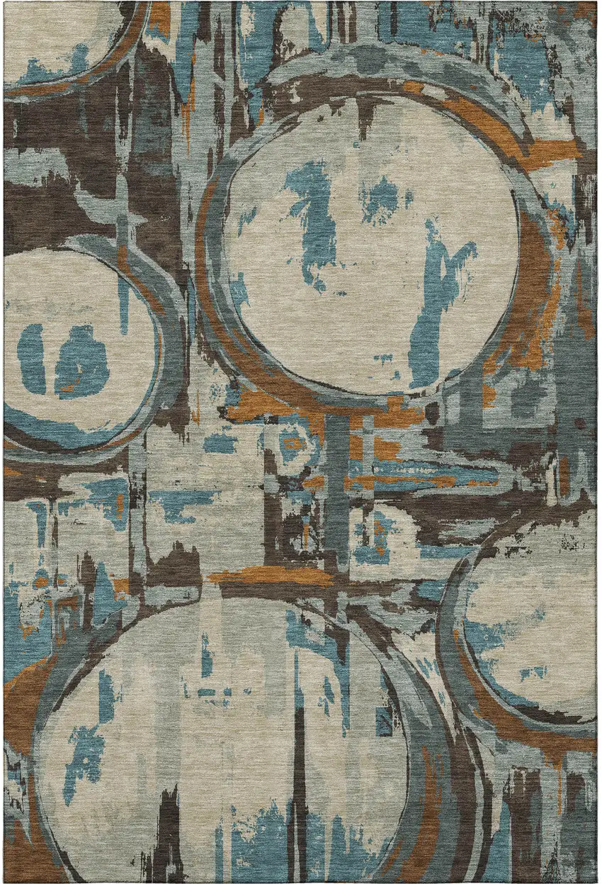Beige Brown And Teal Geometric Washable Area Rug With UV Protection Photo 4