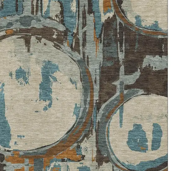 Beige Brown And Teal Geometric Washable Area Rug With UV Protection Photo 3