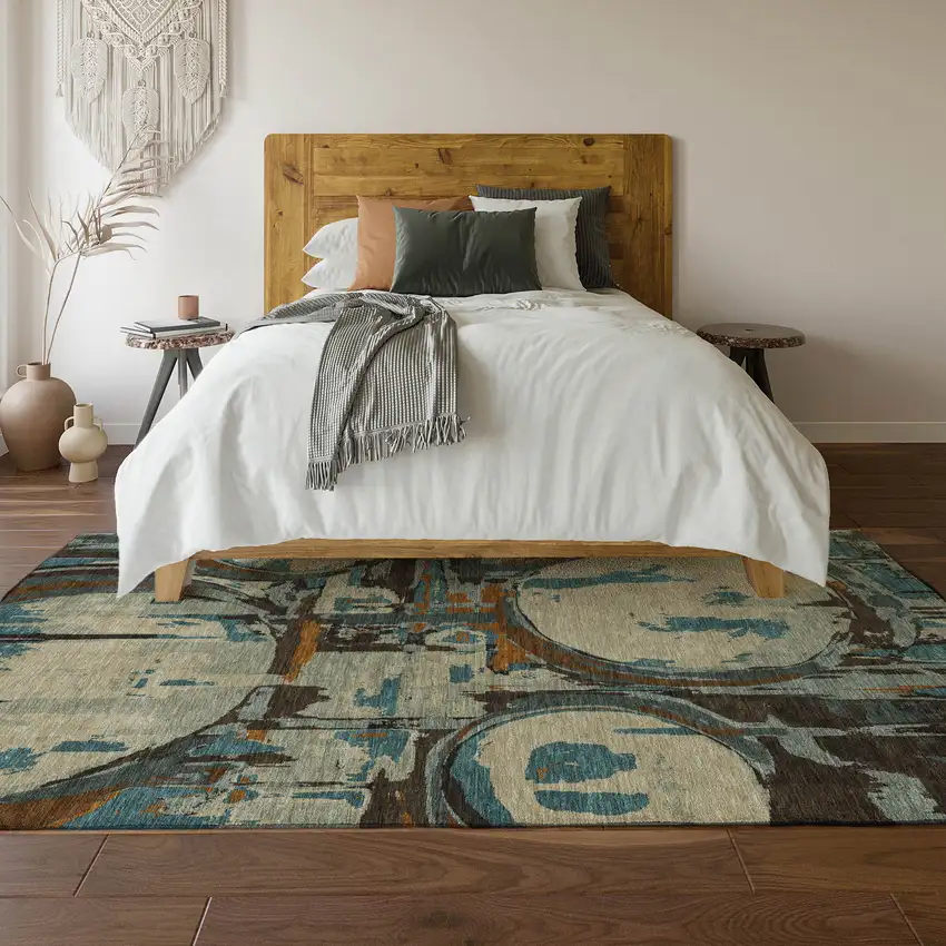 Beige Brown And Teal Geometric Washable Area Rug With UV Protection Photo 6