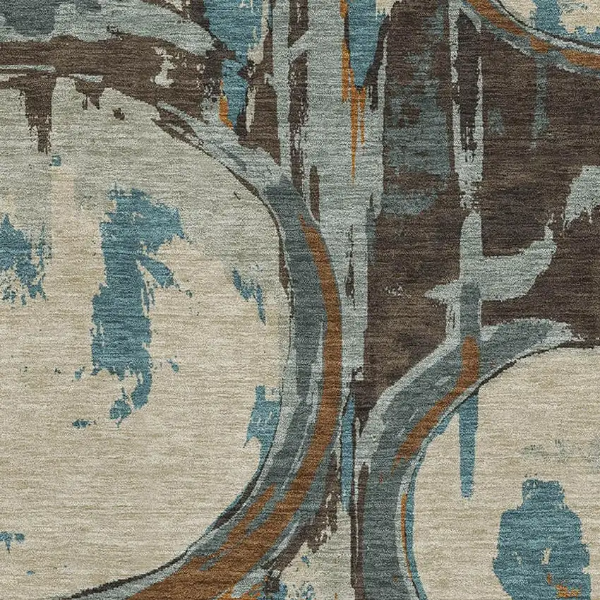 Beige Brown And Teal Geometric Washable Area Rug With UV Protection Photo 3