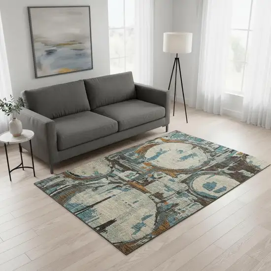 Beige Brown And Teal Geometric Washable Area Rug With UV Protection Photo 2