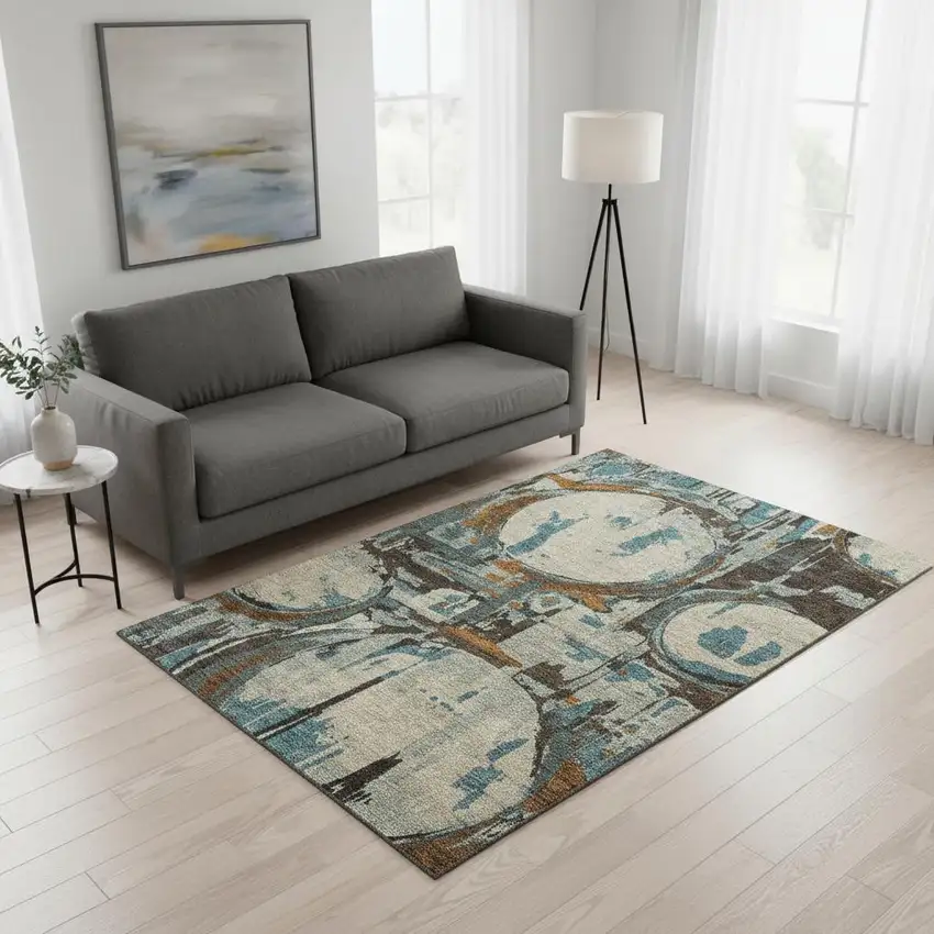 Beige Brown And Teal Geometric Washable Area Rug With UV Protection Photo 2