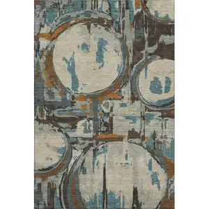 Photo of Beige Brown And Teal Geometric Washable Area Rug With UV Protection
