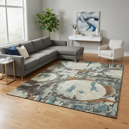 Beige Brown And Teal Geometric Washable Area Rug With UV Protection Photo 2