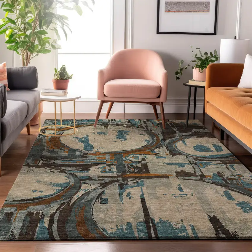Beige Brown And Teal Geometric Washable Area Rug With UV Protection Photo 5