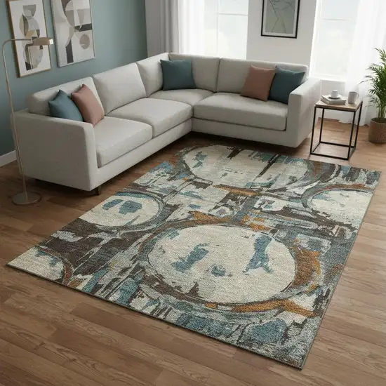 Beige Brown And Teal Geometric Washable Area Rug With UV Protection Photo 2