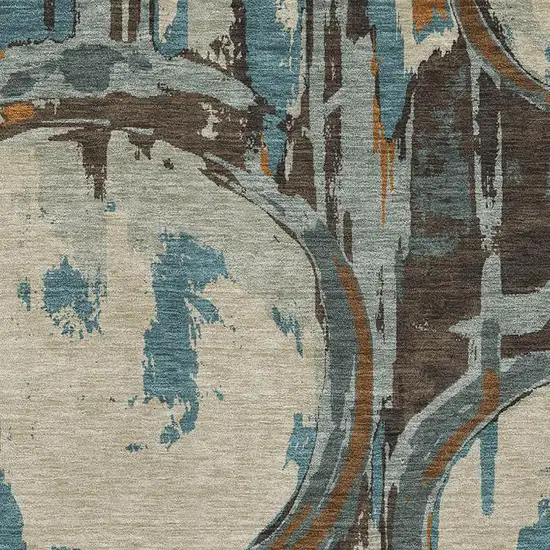 Beige Brown And Teal Geometric Washable Area Rug With UV Protection Photo 3
