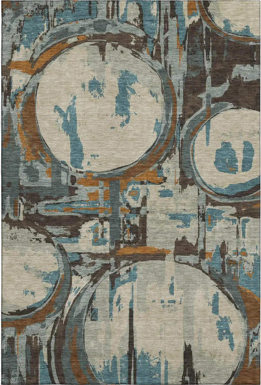 Beige Brown And Teal Geometric Washable Area Rug With UV Protection Photo 1