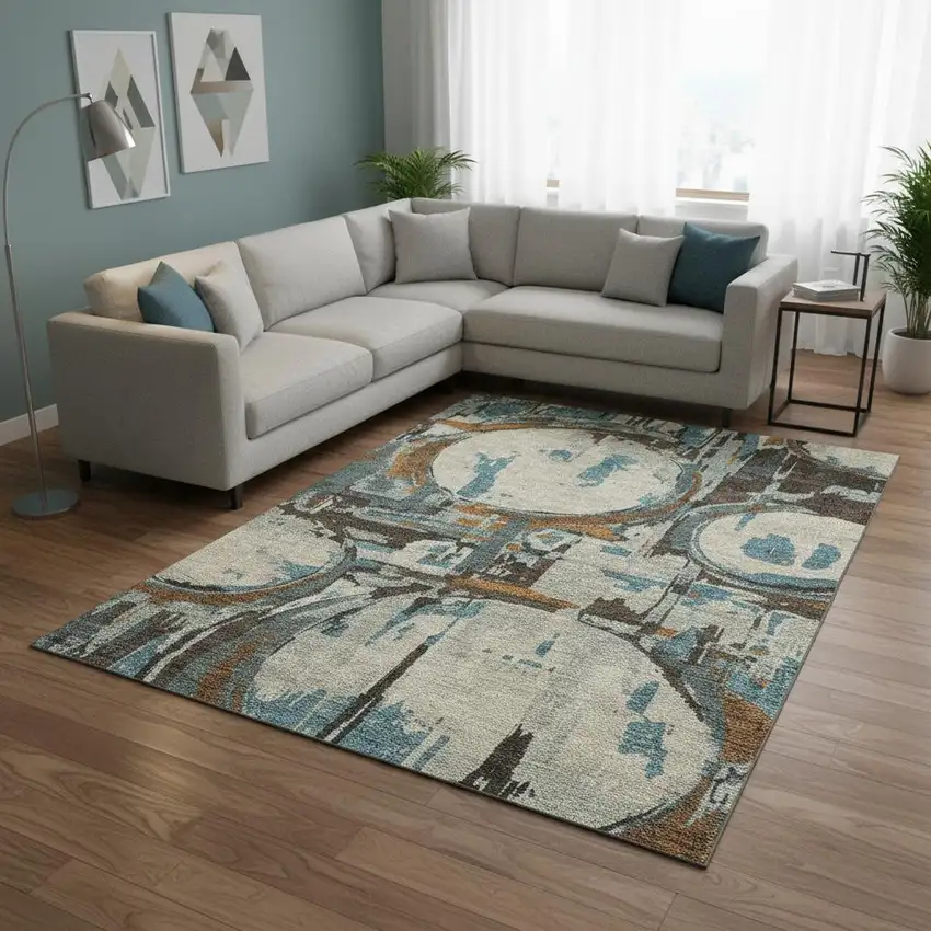 Beige Brown And Teal Geometric Washable Area Rug With UV Protection Photo 2