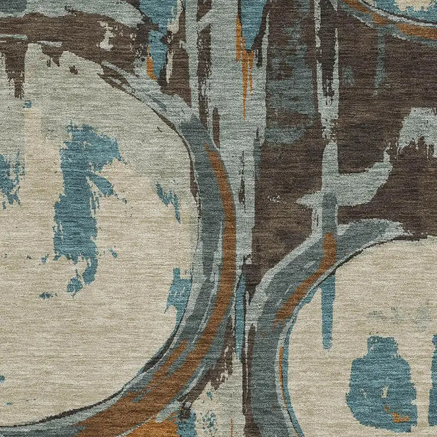 Beige Brown And Teal Geometric Washable Area Rug With UV Protection Photo 3