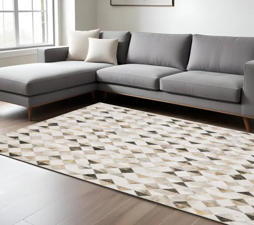 Beige and Ivory Geometric Power Loom Area Rug Photo 1