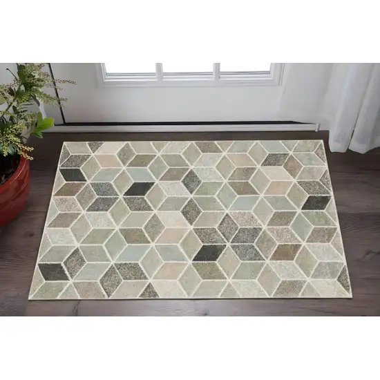 Beige Brown Grey Tan Sage And Pale Blue Geometric Power Loom Stain Resistant Area Rug Photo 1