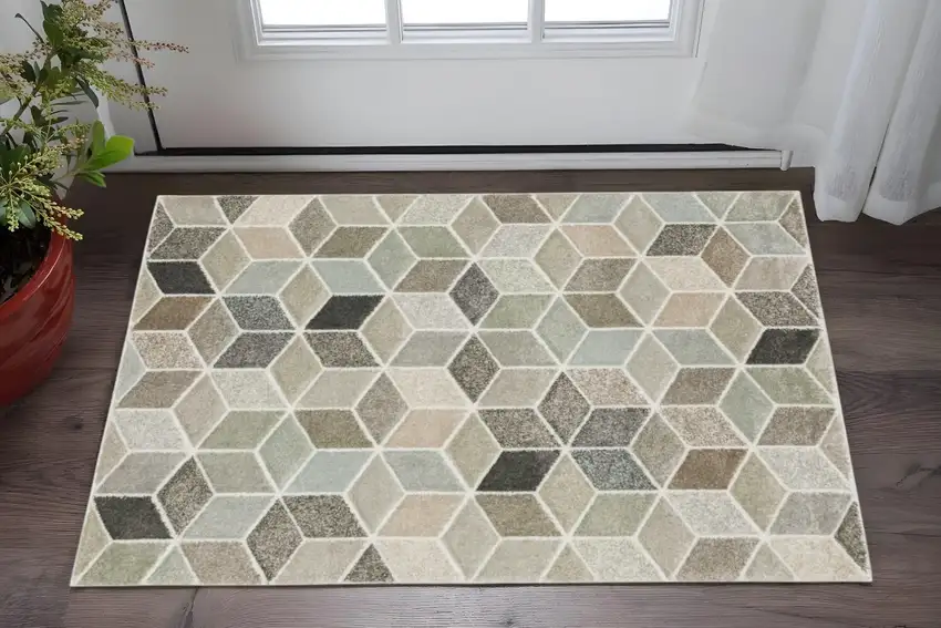 Beige Brown Grey Tan Sage And Pale Blue Geometric Power Loom Stain Resistant Area Rug Photo 1