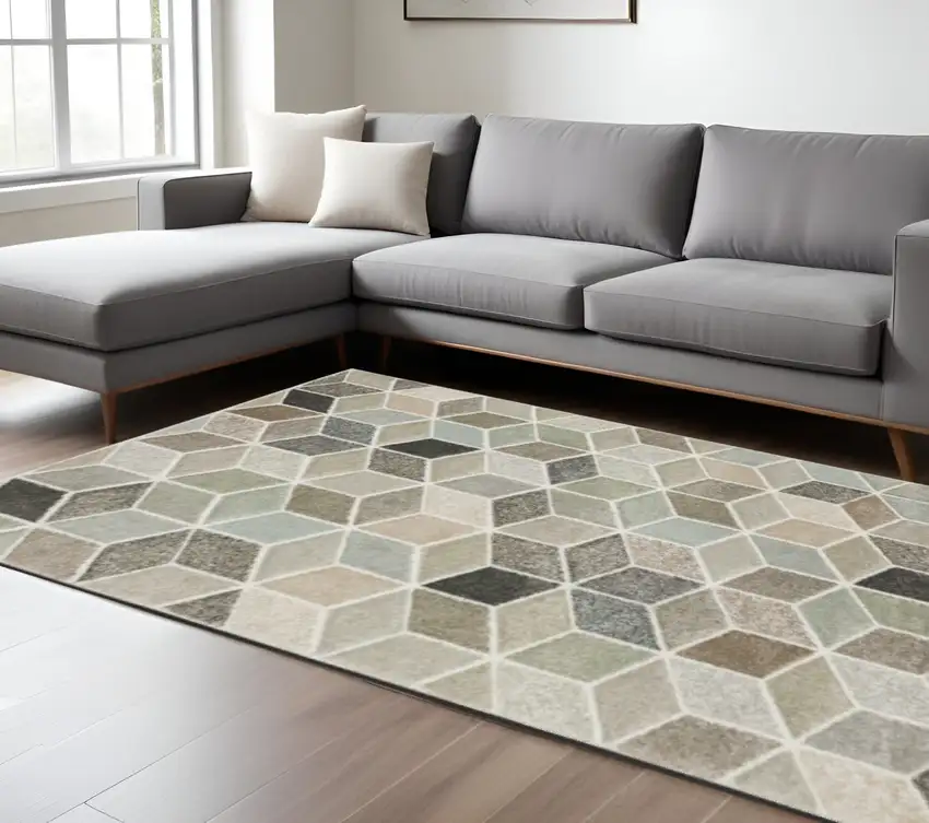 Beige Brown Grey Tan Sage And Pale Blue Geometric Power Loom Stain Resistant Area Rug Photo 1