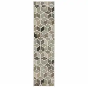 Photo of Beige Brown Grey Tan Sage And Pale Blue Geometric Power Loom Stain Resistant Runner Rug