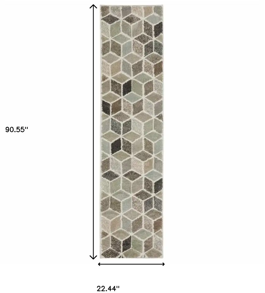 Beige Brown Grey Tan Sage And Pale Blue Geometric Power Loom Stain Resistant Runner Rug Photo 10