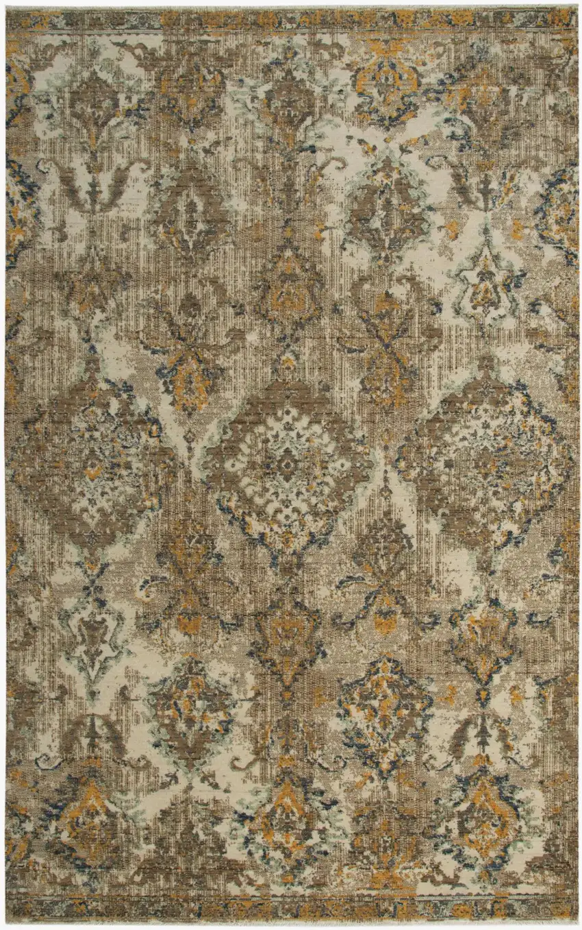 Beige Brown Ivory And Green Wool Oriental Hand Carved Handmade Area Rug Photo 1