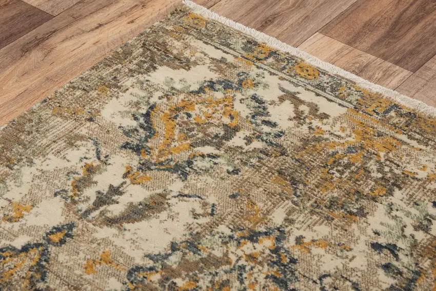 Beige Brown Ivory And Green Wool Oriental Hand Carved Handmade Area Rug Photo 4