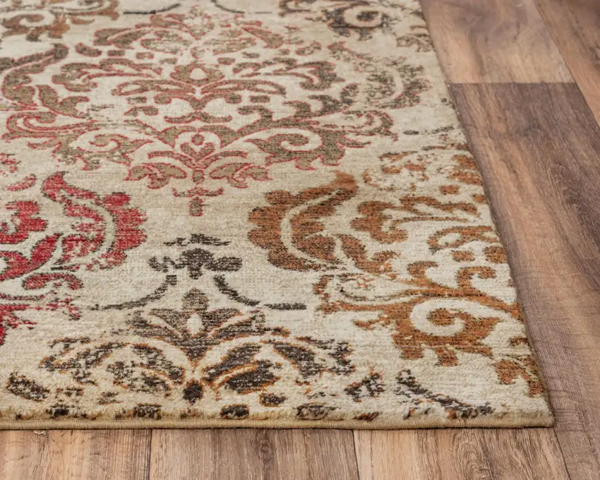 Beige Brown Rust And Red New Zealand Lambs Wool Damask Hand Carved Handmade Area Rug Photo 4