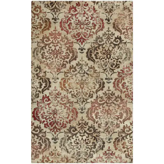 Beige Brown Rust And Red New Zealand Lambs Wool Damask Hand Carved Handmade Area Rug Photo 3