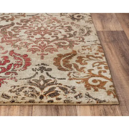 Beige Brown Rust And Red New Zealand Lambs Wool Damask Hand Carved Handmade Area Rug Photo 4