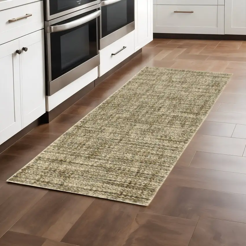 2' X 8' Beige Brown Tan And Blue Green Abstract Power Loom Stain Resistant Runner Rug Photo 1