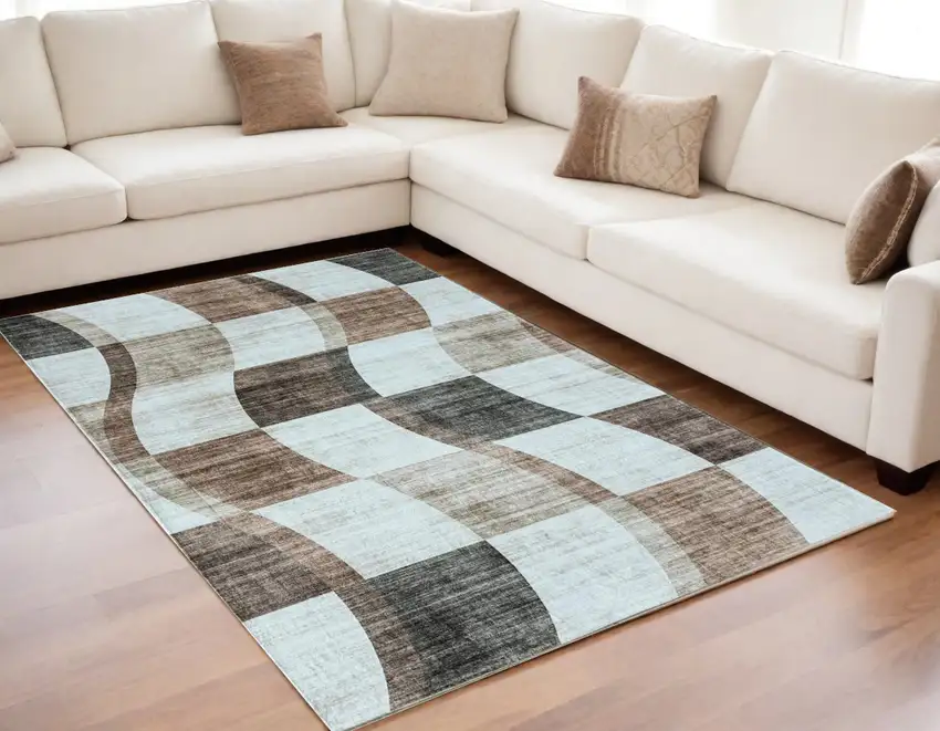 Beige Brown and Gray Checkered Area Rug Photo 1