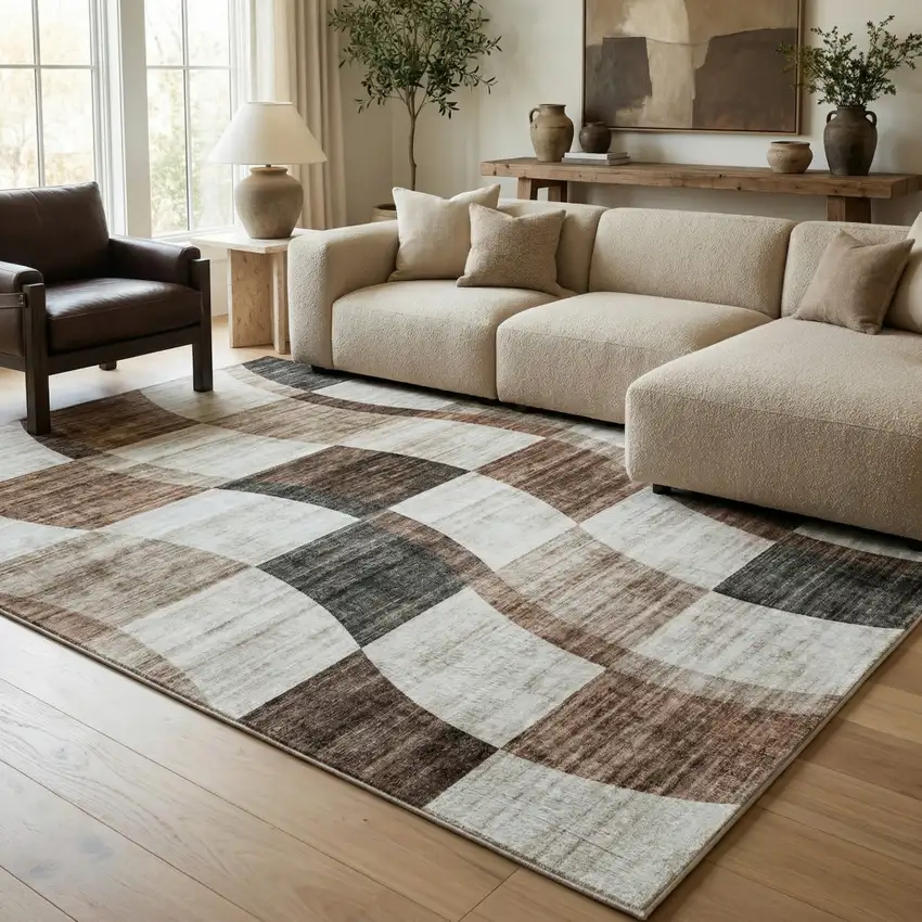 Beige Brown and Gray Checkered Area Rug Photo 8