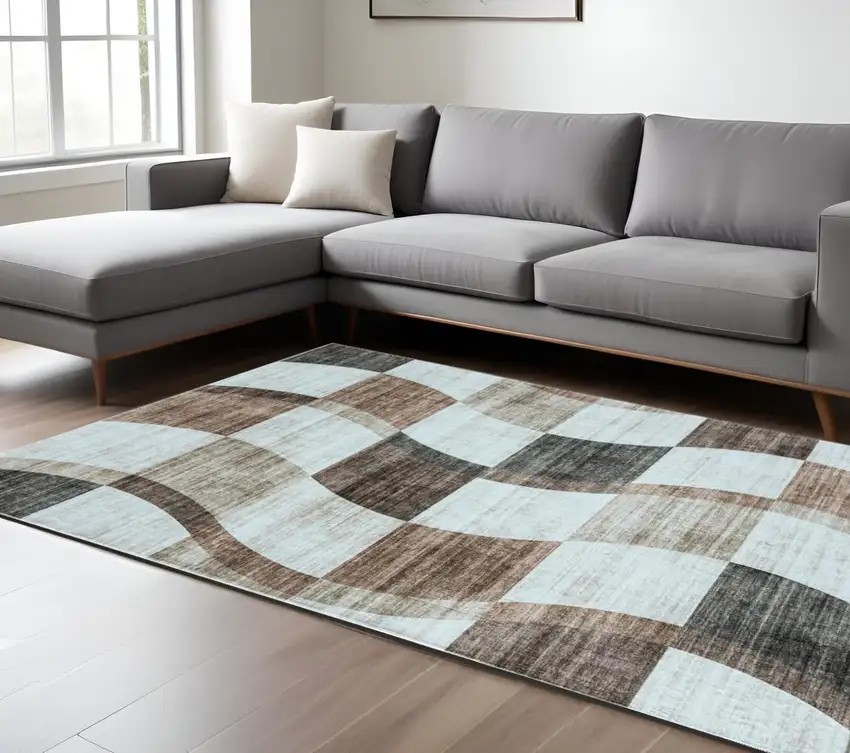 Beige Brown and Gray Checkered Area Rug Photo 1