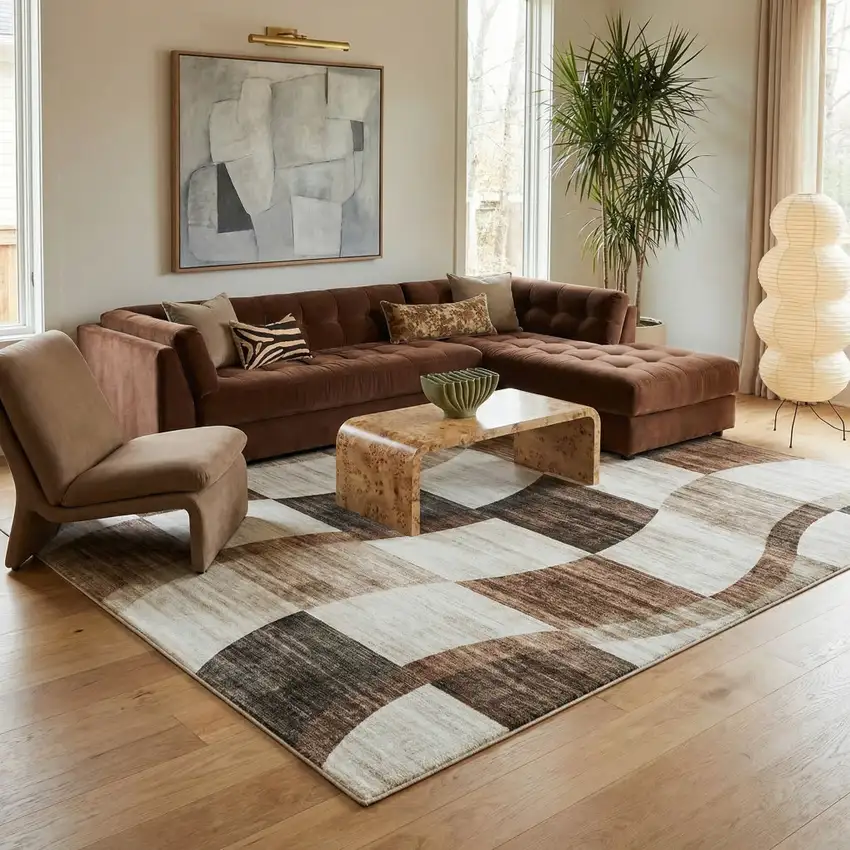 Beige Brown and Gray Checkered Area Rug Photo 6